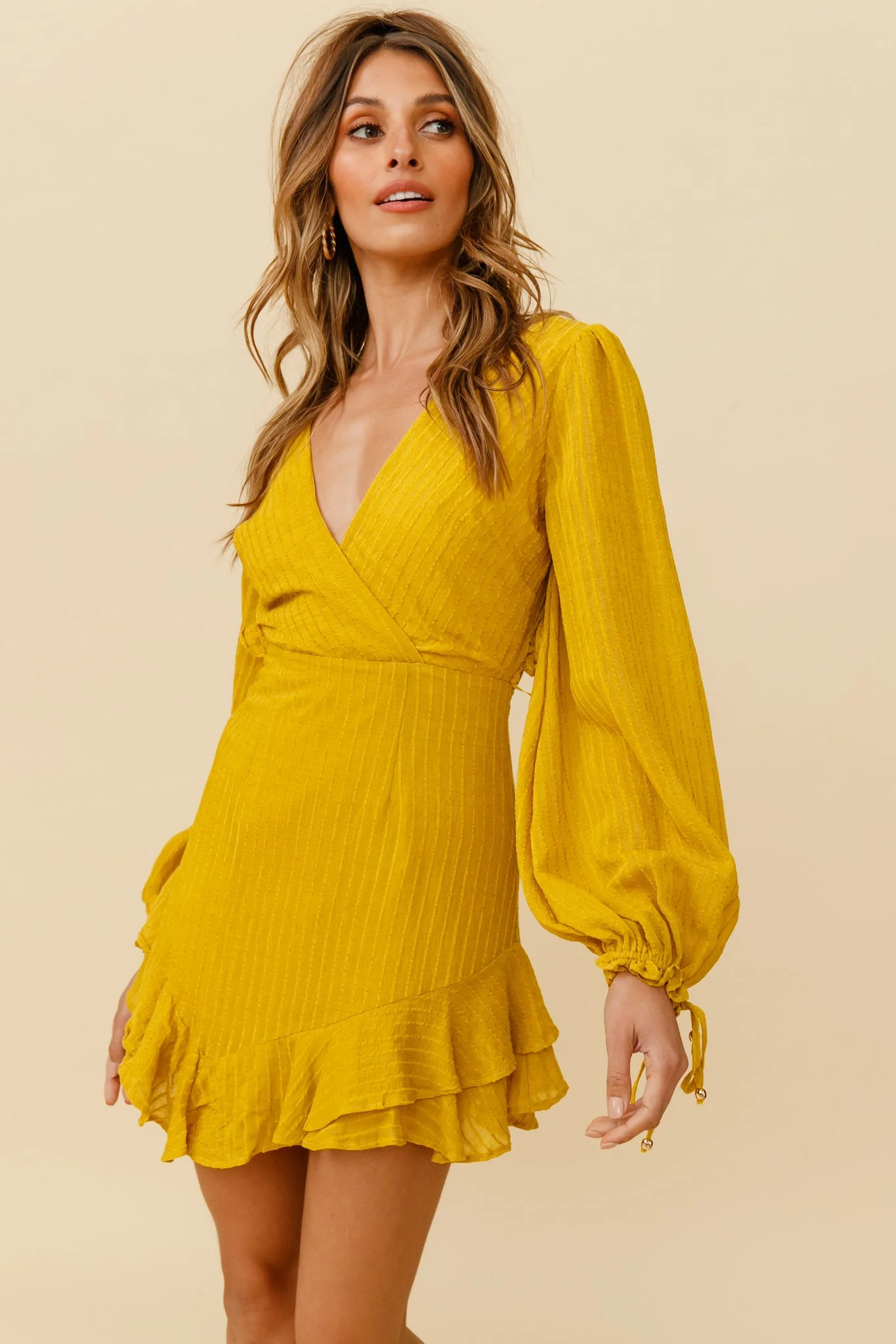 Lilo Surplice Neckline Cut-Out Back Dress Thin Stripe Mustard - Image 5