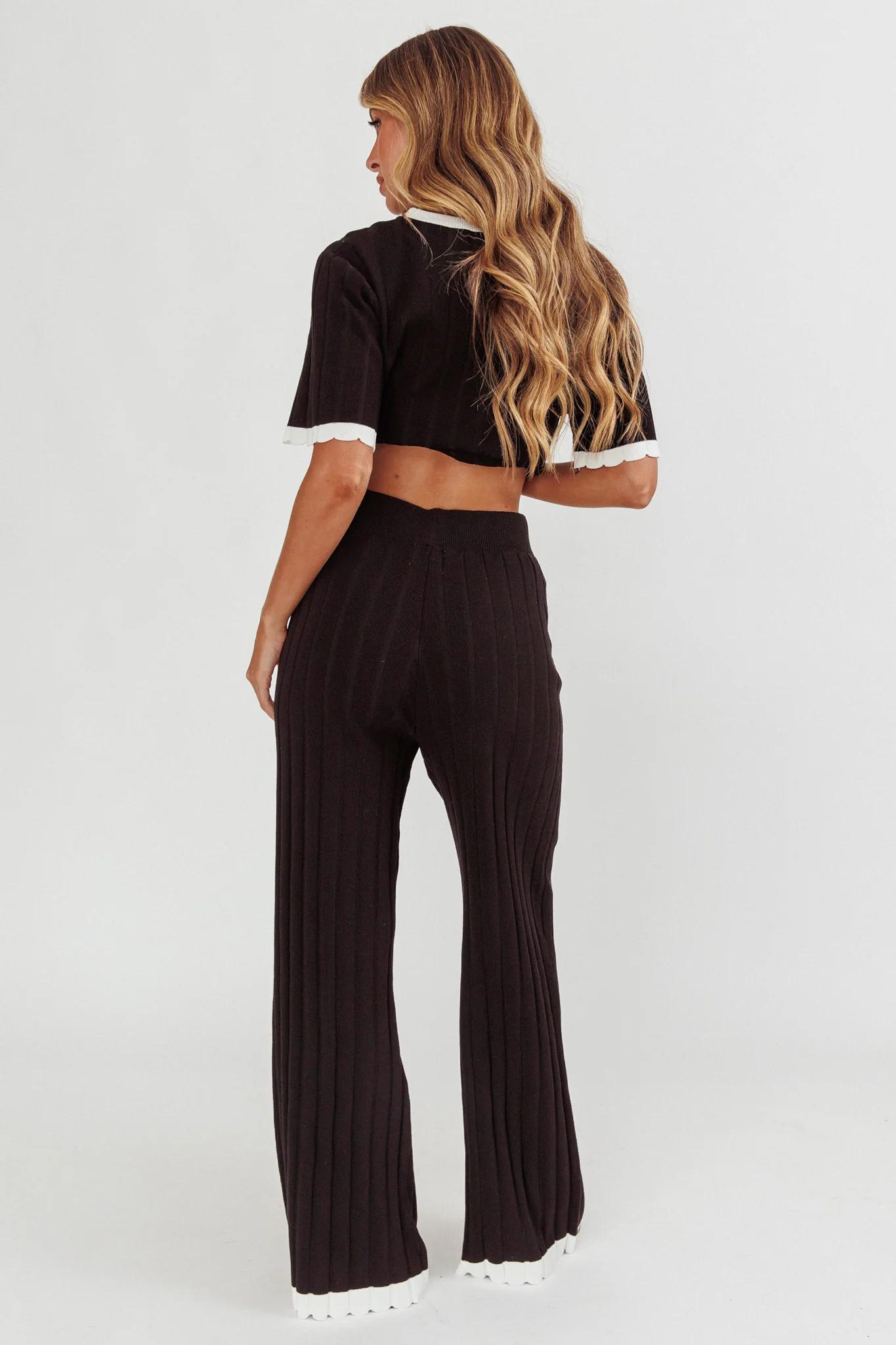 Liloh Contrast Trim Ribbed Knit Pants Black - Image 3