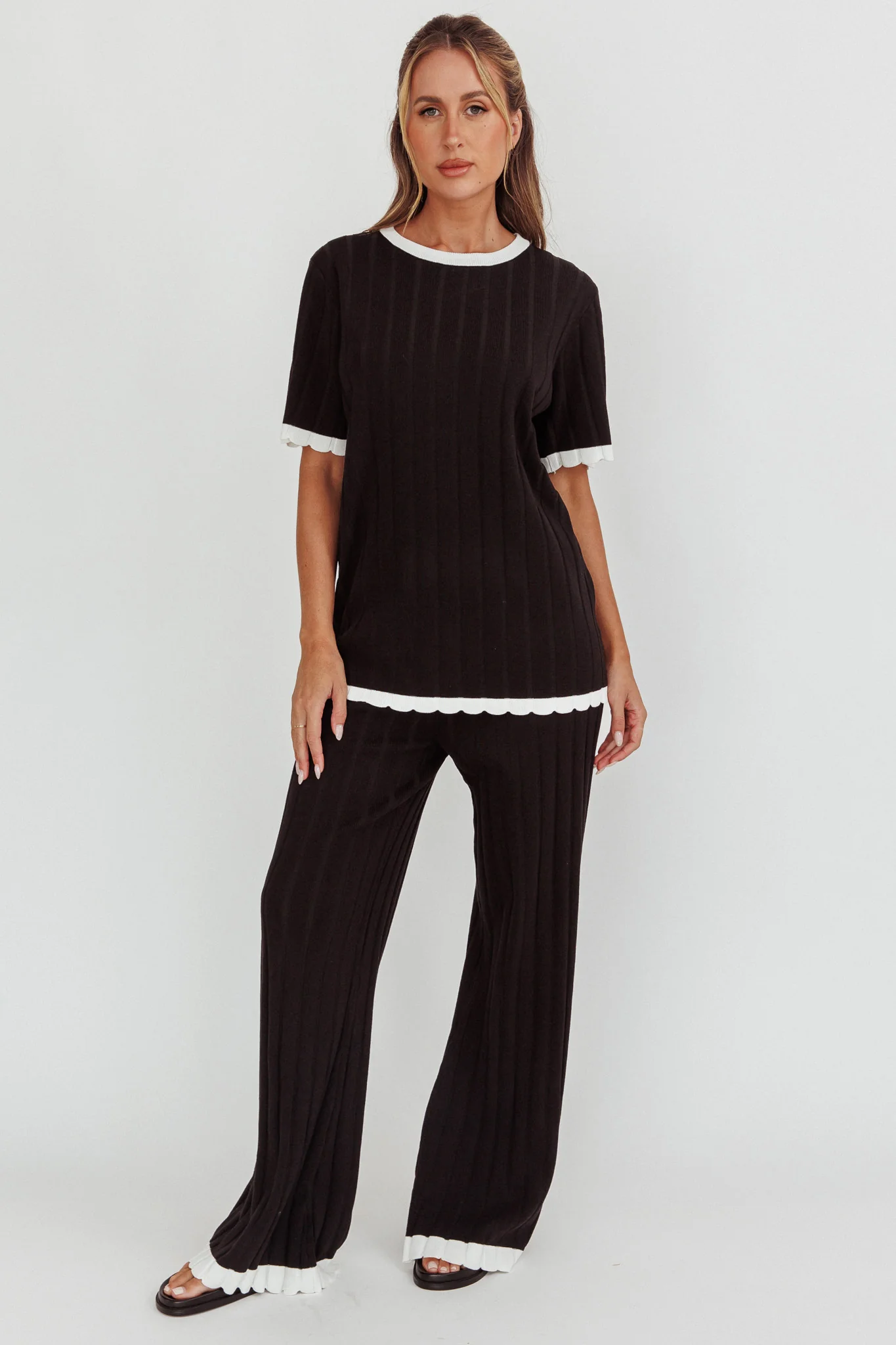 Liloh Contrast Trim Ribbed Knit Pants Black - Image 5