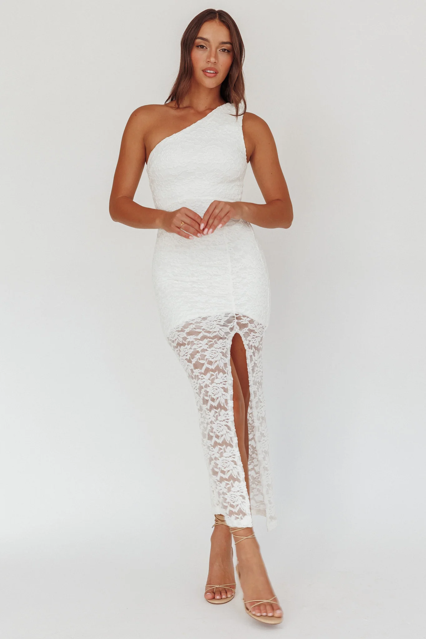 Lingering Love One-Shoulder Split Midi Dress Lace White - Image 2
