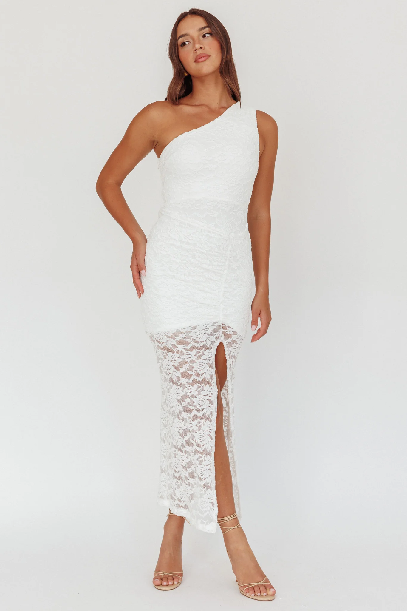 Lingering Love One-Shoulder Split Midi Dress Lace White - Image 5