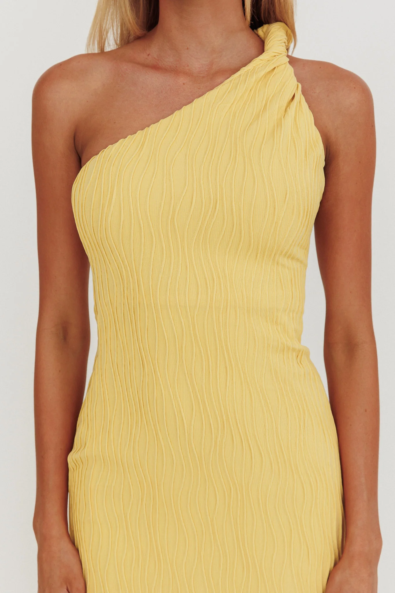 Lingering Love One-Shoulder Twist Midi Dress Lemon - Image 4