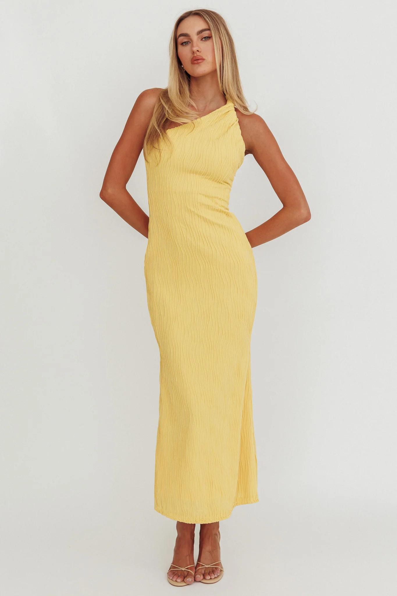Lingering Love One-Shoulder Twist Midi Dress Lemon - Image 5