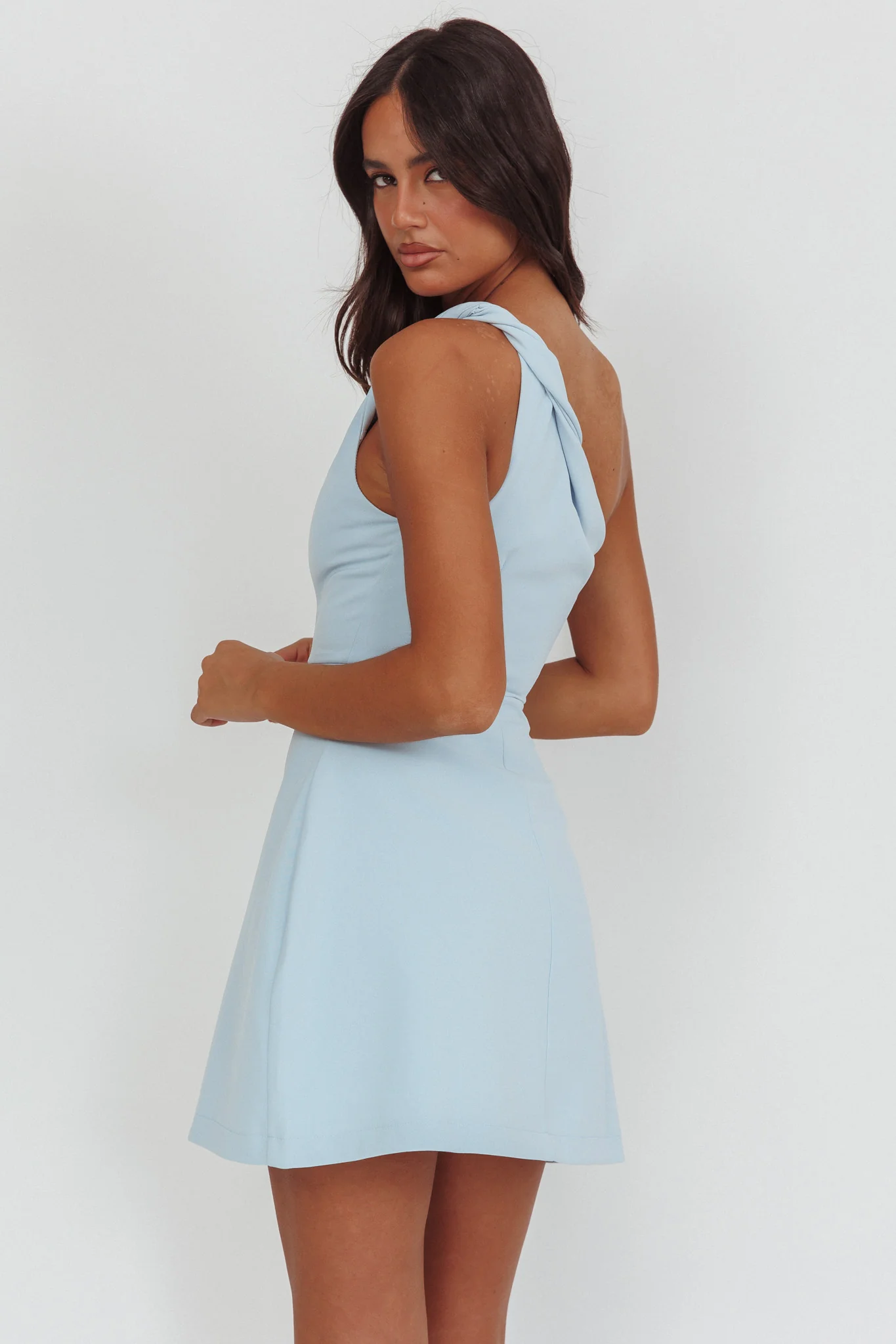 Lingering Love One-Shoulder Twist Mini Dress Blue - Image 2