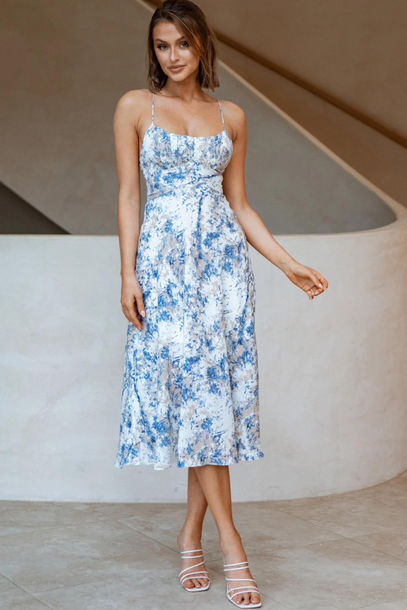 Linka Cami Strap Midi Dress Marble Print Blue - Image 3