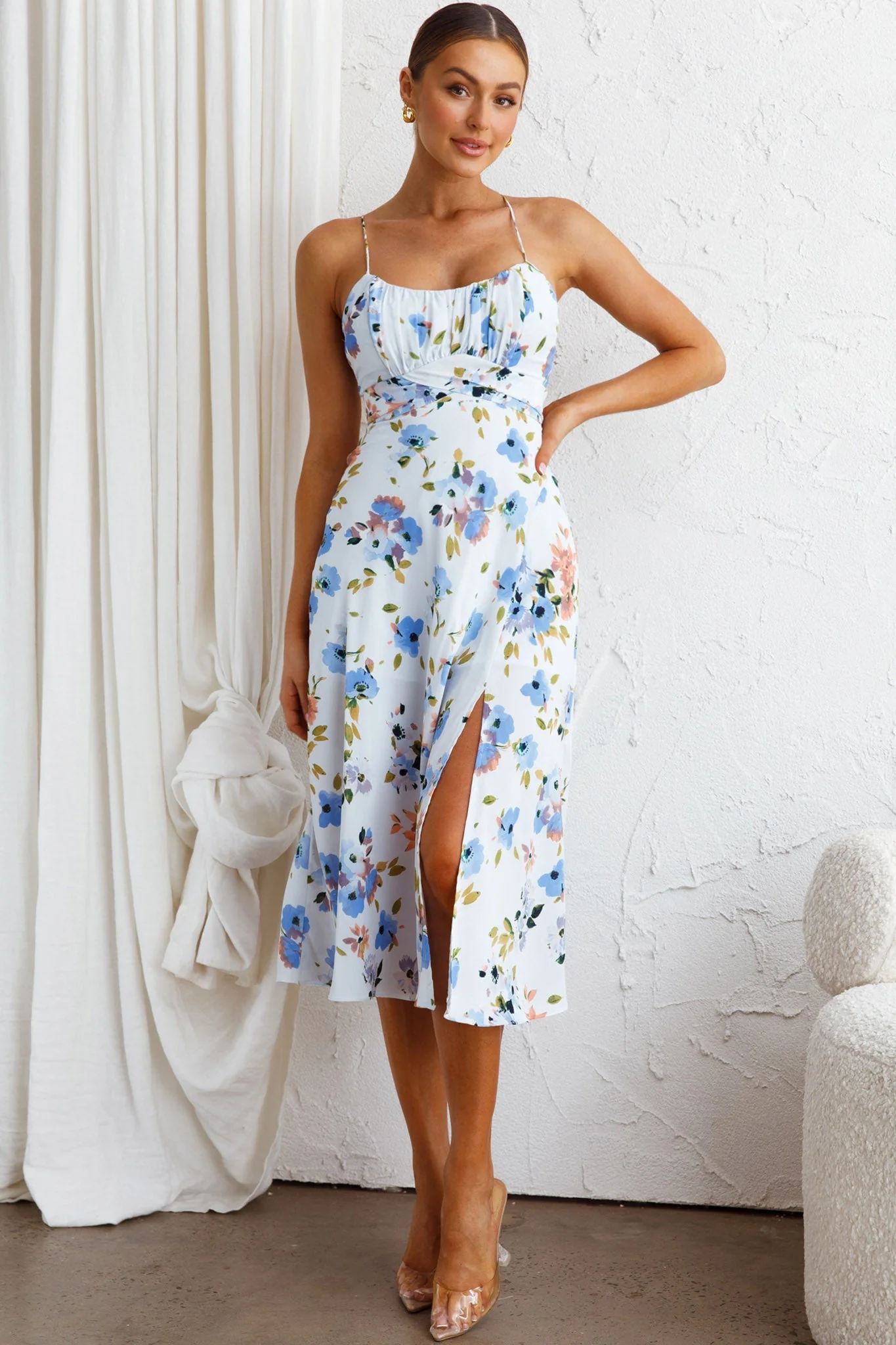 Linka Cami Strap Split Midi Dress Floral Blue - Image 3