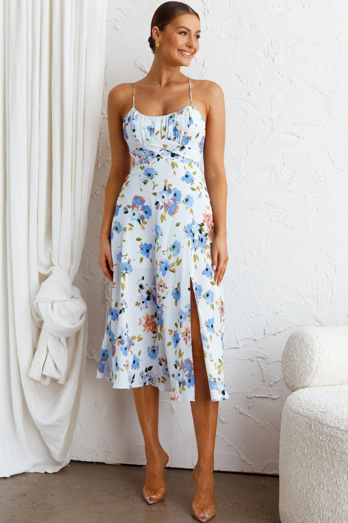 Linka Cami Strap Split Midi Dress Floral Blue - Image 4