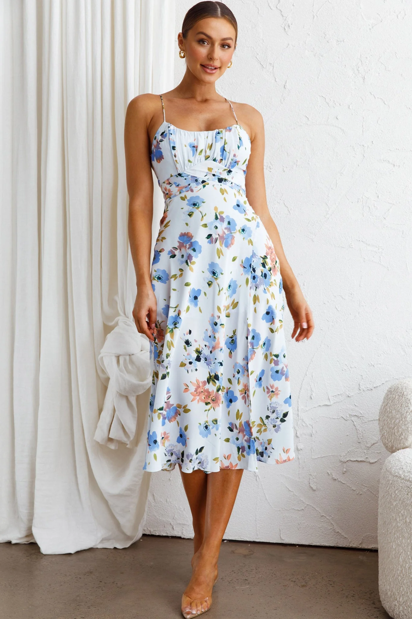 Linka Cami Strap Split Midi Dress Floral Blue - Image 5