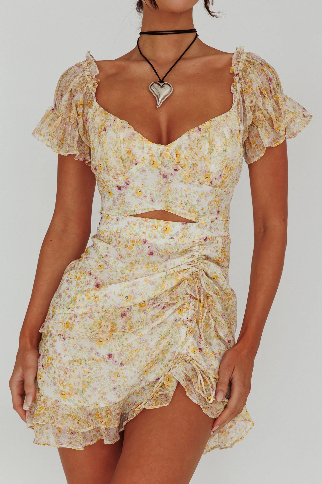 Linka Drawstring Detail Frill Dress Floral Beige - Image 4