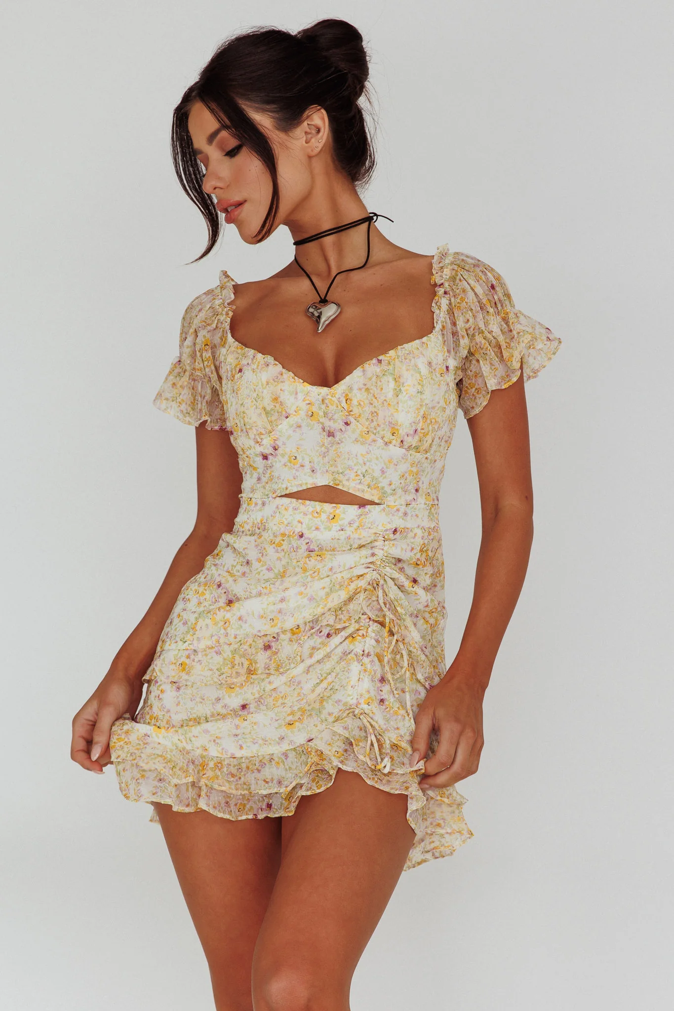 Linka Drawstring Detail Frill Dress Floral Beige - Image 6