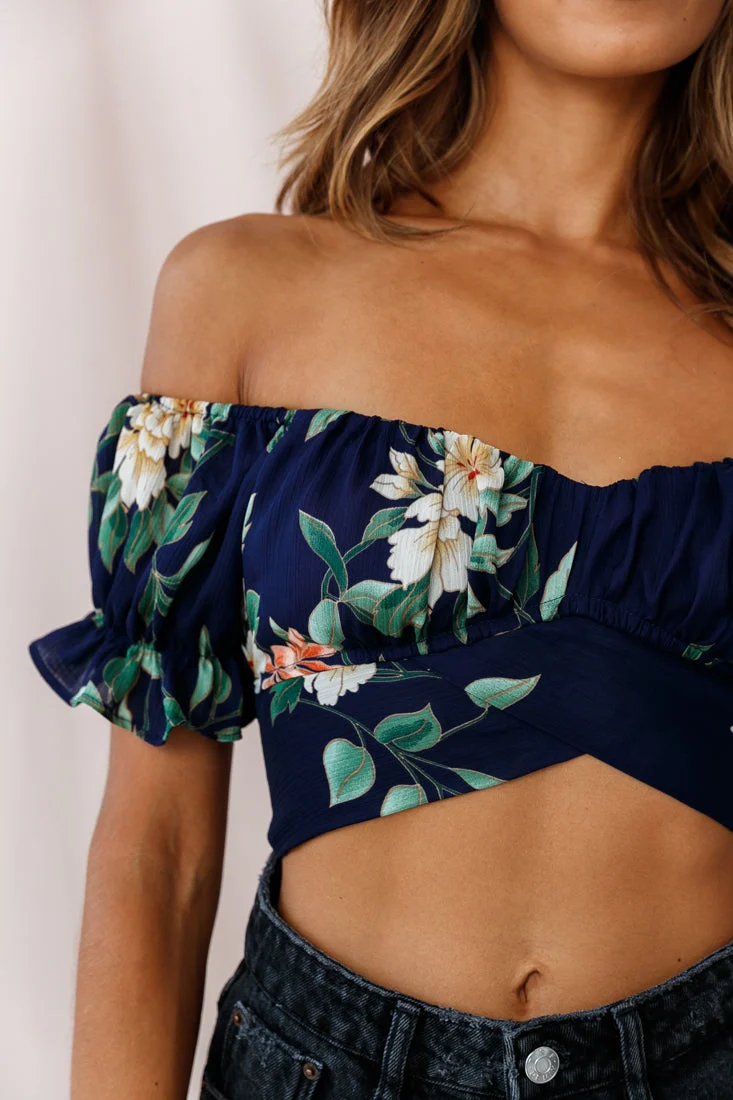 Linka Off-Shoulder Tie-Back Crop Top Floral Print Navy - Image 4