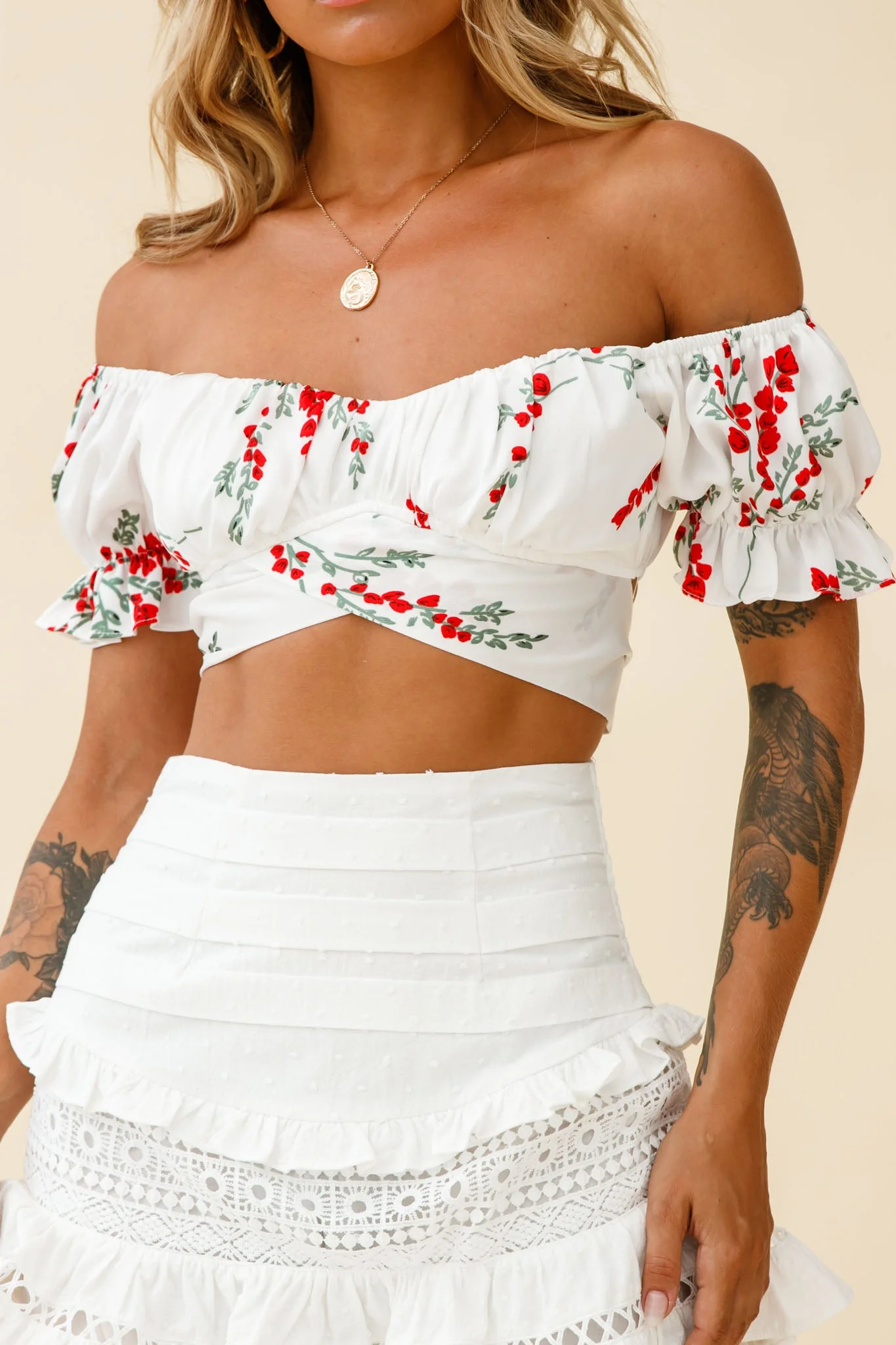 Linka Off-Shoulder Tie-Back Crop Top Red Floral Print White - Image 4