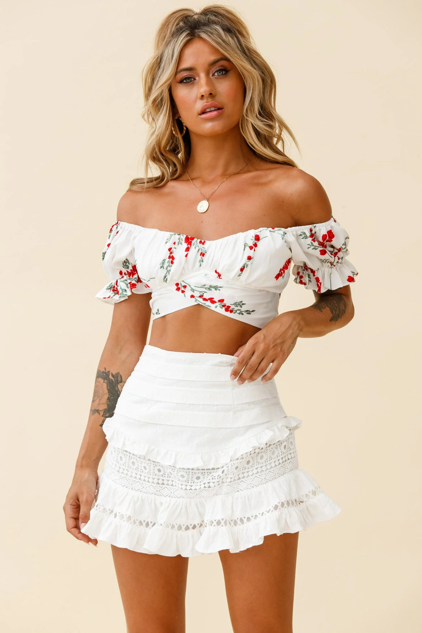 Linka Off-Shoulder Tie-Back Crop Top Red Floral Print White - Image 6