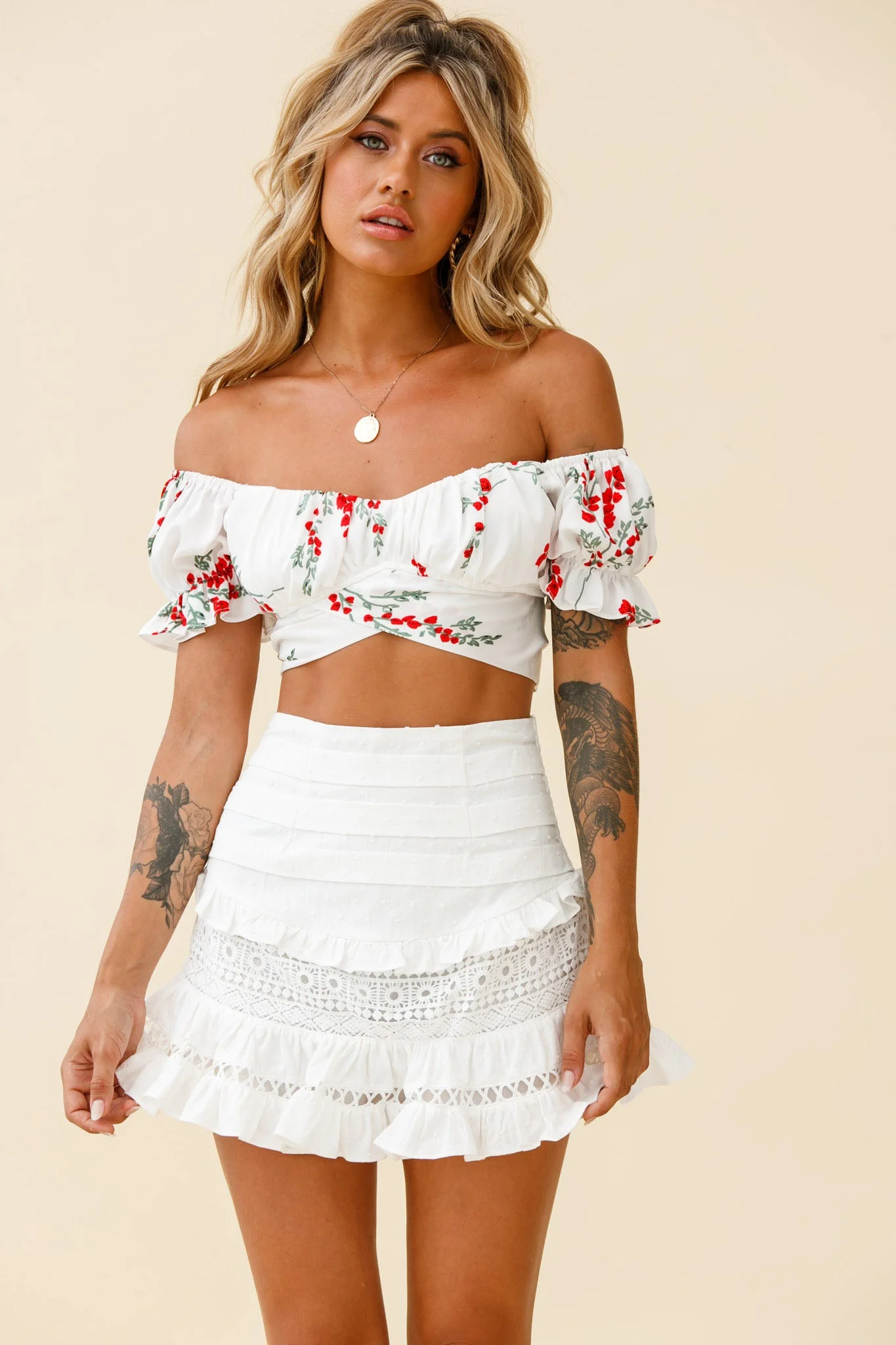Linka Off-Shoulder Tie-Back Crop Top Red Floral Print White - Image 8