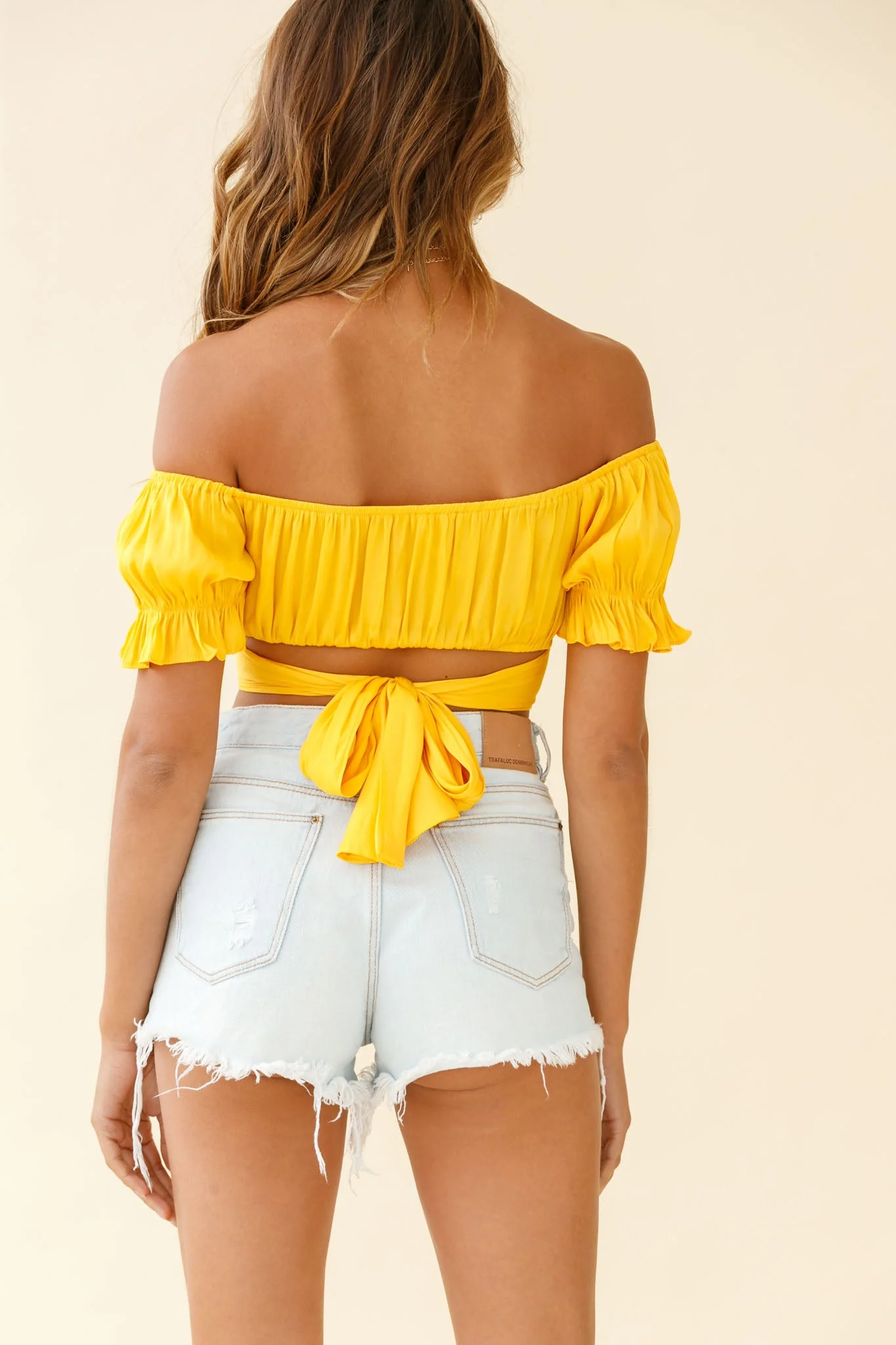 Linka Off-Shoulder Tie-Back Crop Top Yellow - Image 3