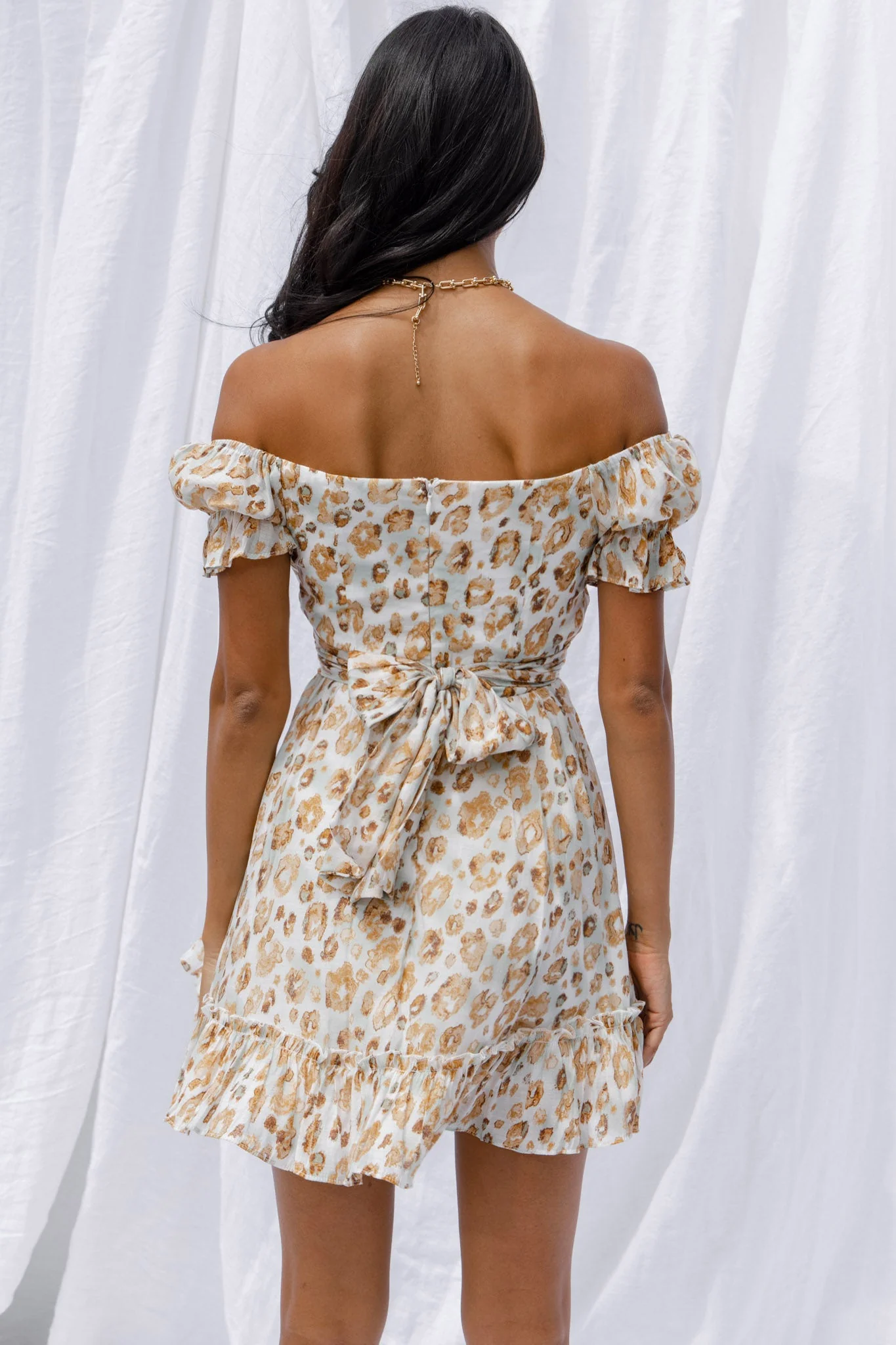 Linka Off-Shoulder Tie Back Dress Animal Print Sage - Image 8
