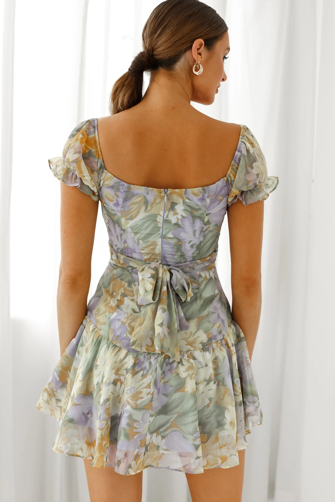 Linka Off-Shoulder Tie Back Fluted Hem Dress Floral Print Yellow - Image 2