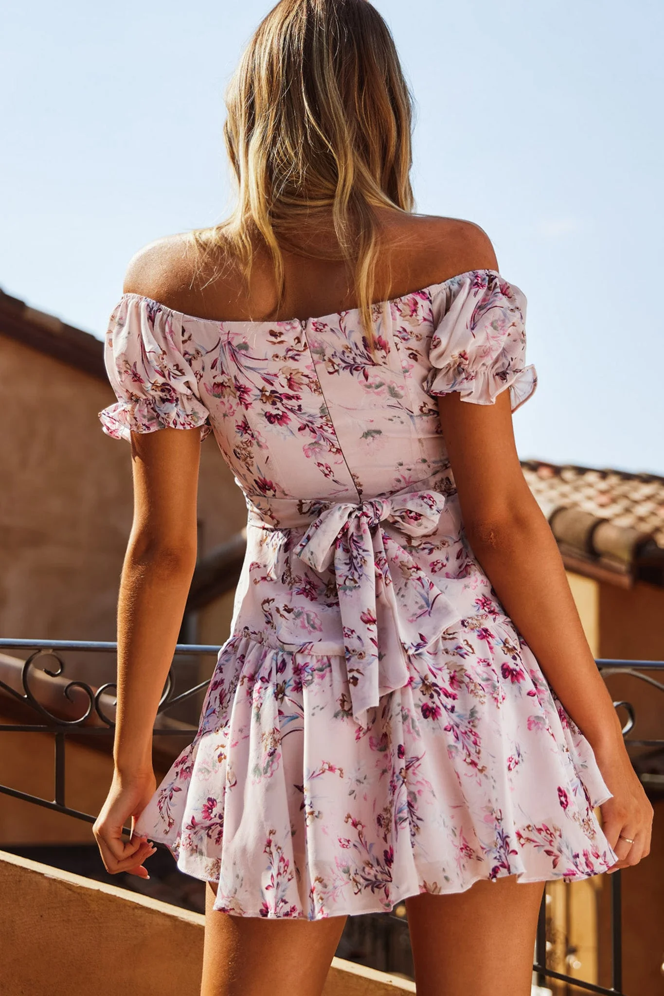 Linka Off-Shoulder Tie Back Fluted Hem Dress Ornate Floral Print Pink - Image 2