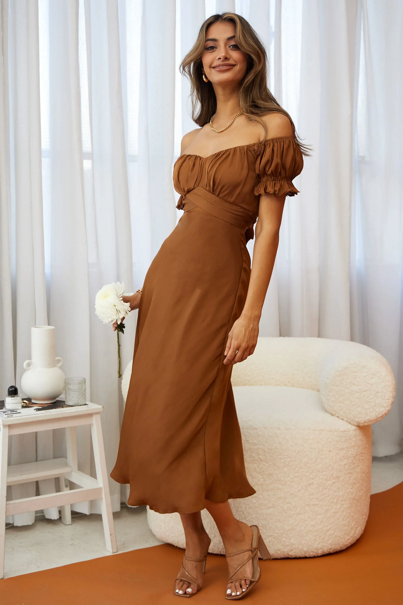 Linka Off-Shoulder Tie Back Midi Dress Chocolate - Image 5