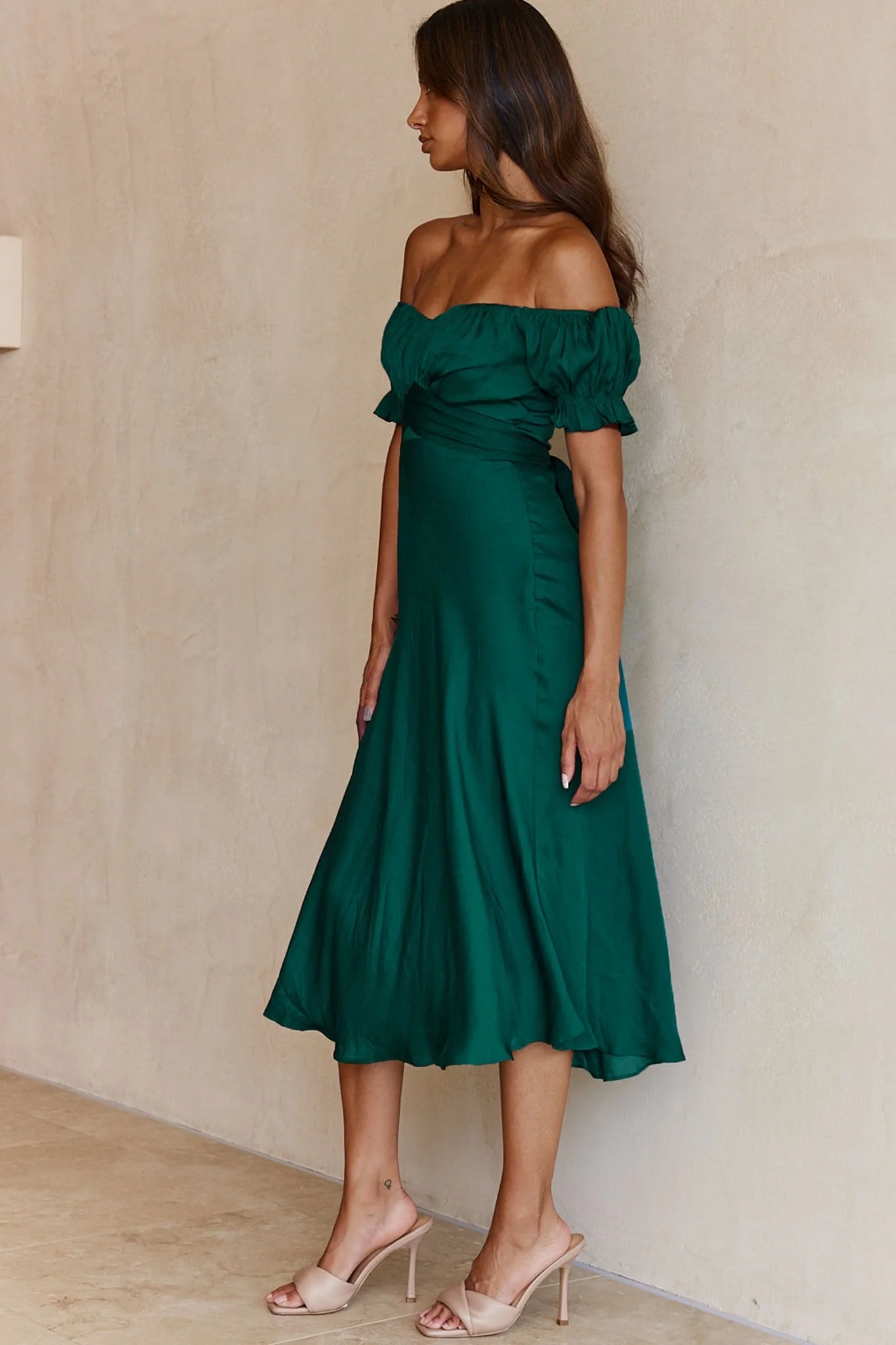 Linka Off-Shoulder Tie Back Midi Dress Forest Green - Image 11