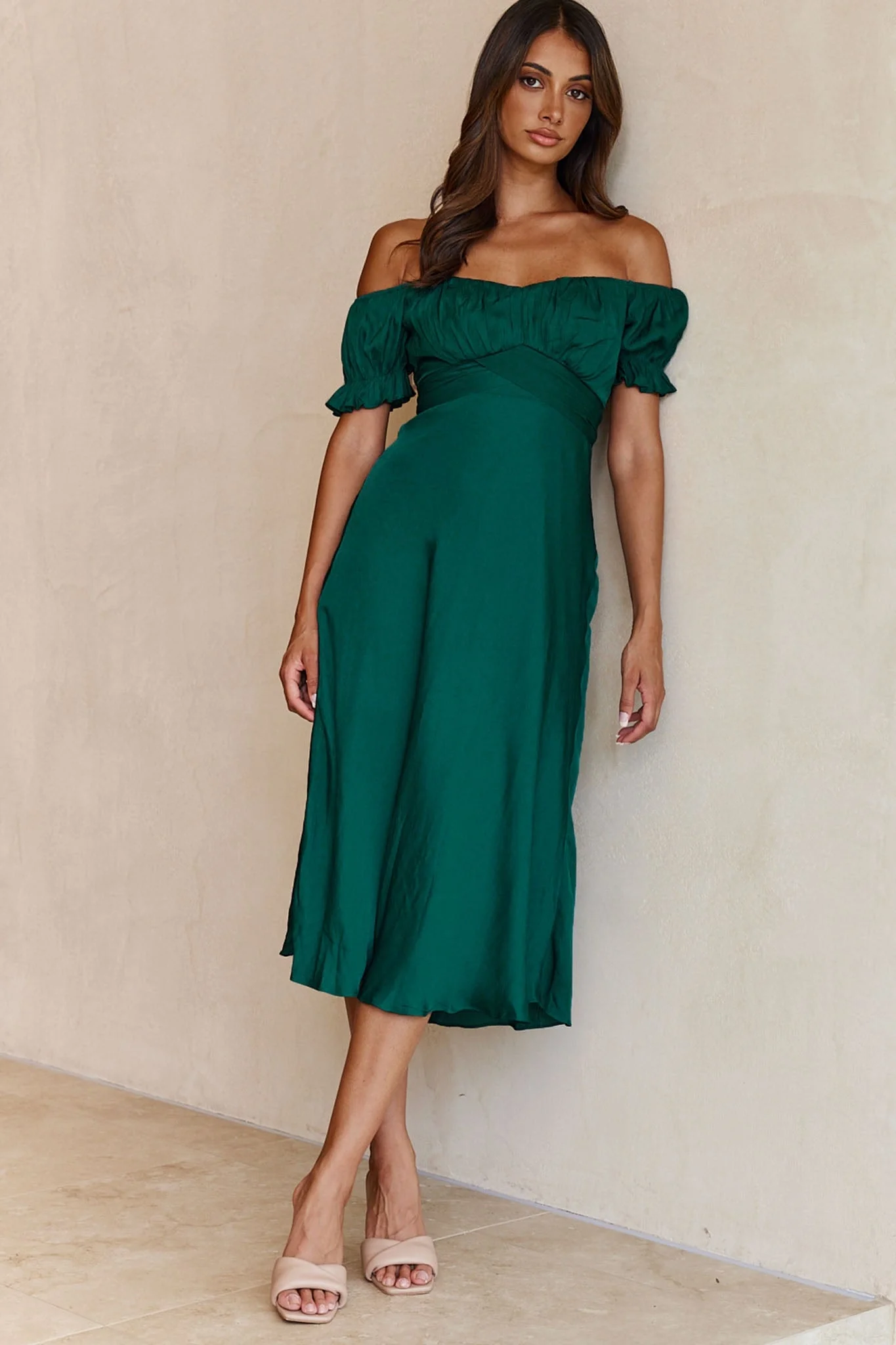 Linka Off-Shoulder Tie Back Midi Dress Forest Green - Image 12