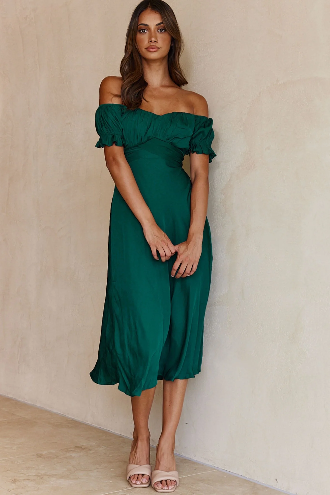 Linka Off-Shoulder Tie Back Midi Dress Forest Green - Image 13