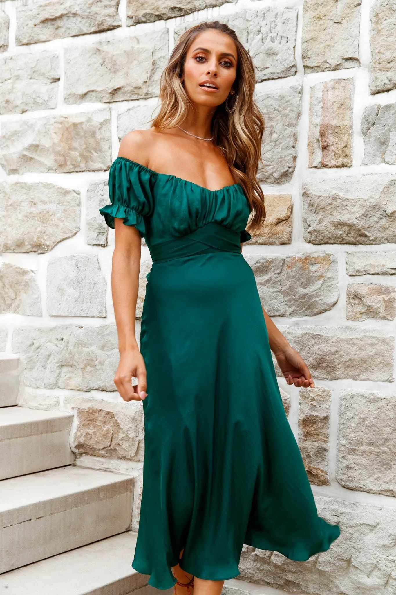 Linka Off-Shoulder Tie Back Midi Dress Forest Green - Image 4