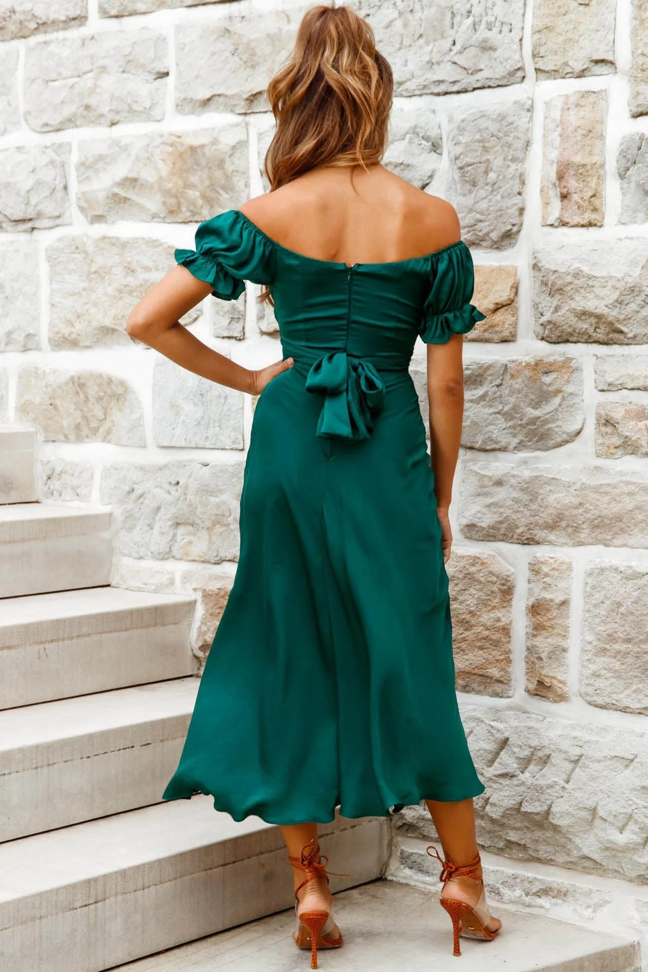 Linka Off-Shoulder Tie Back Midi Dress Forest Green - Image 7