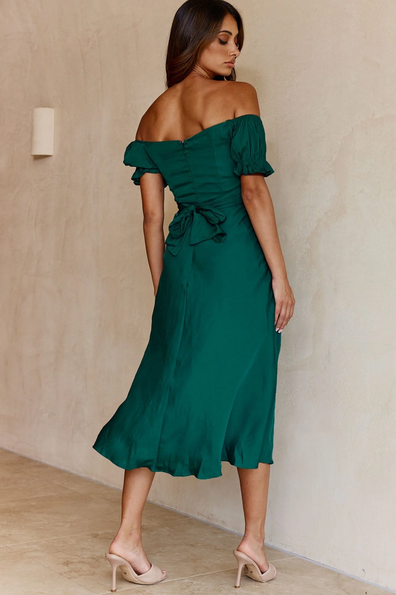 Linka Off-Shoulder Tie Back Midi Dress Forest Green - Image 8