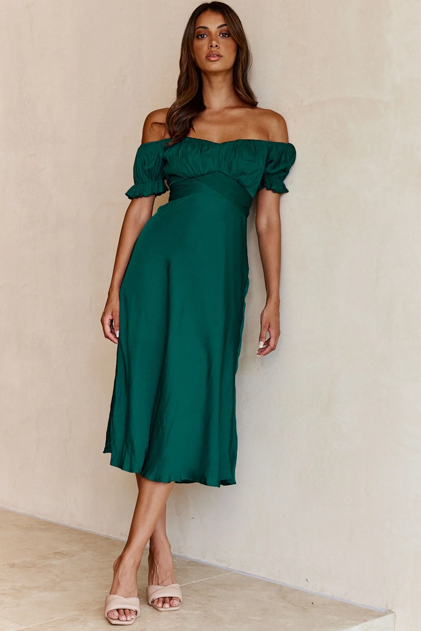 Linka Off-Shoulder Tie Back Midi Dress Forest Green - Image 9