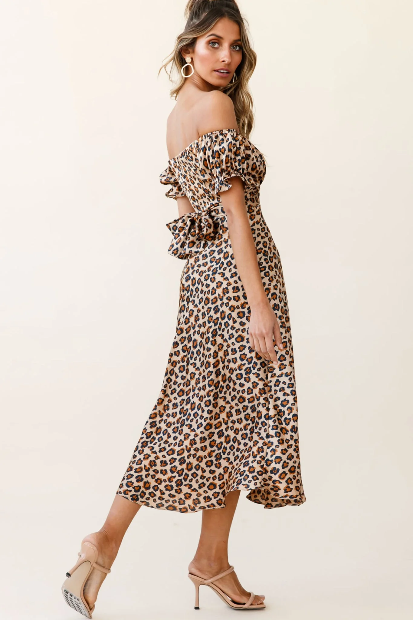 Linka Off-Shoulder Tie Back Midi Dress Leopard Print Brown - Image 2
