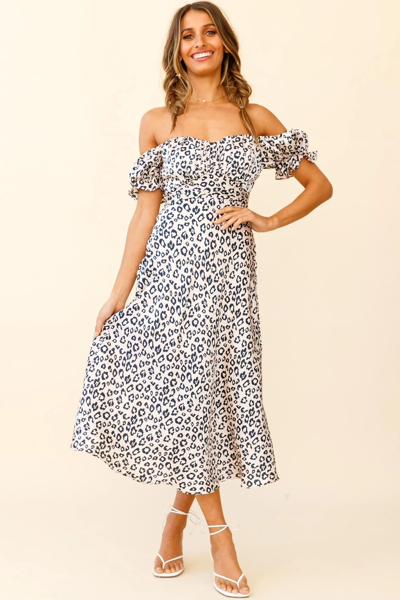 Linka Off-Shoulder Tie Back Midi Dress Leopard Print Pink - Image 3