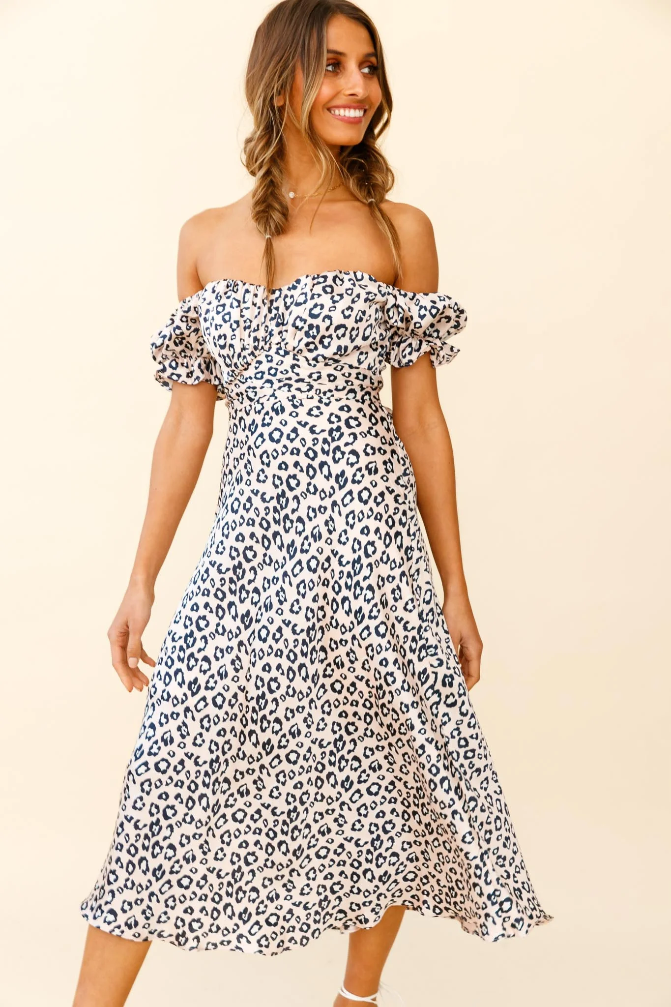 Linka Off-Shoulder Tie Back Midi Dress Leopard Print Pink - Image 4