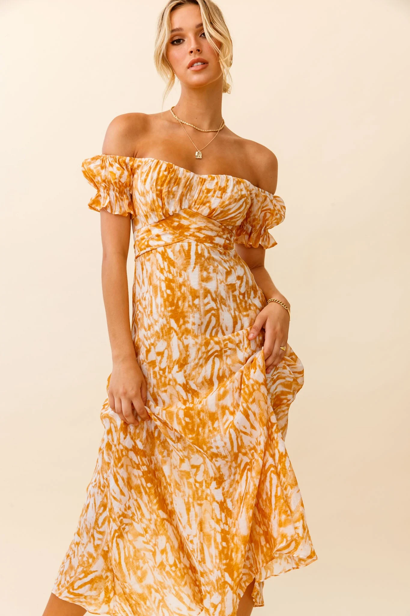 Linka Off-Shoulder Tie Back Midi Dress Printed Orange - Image 7