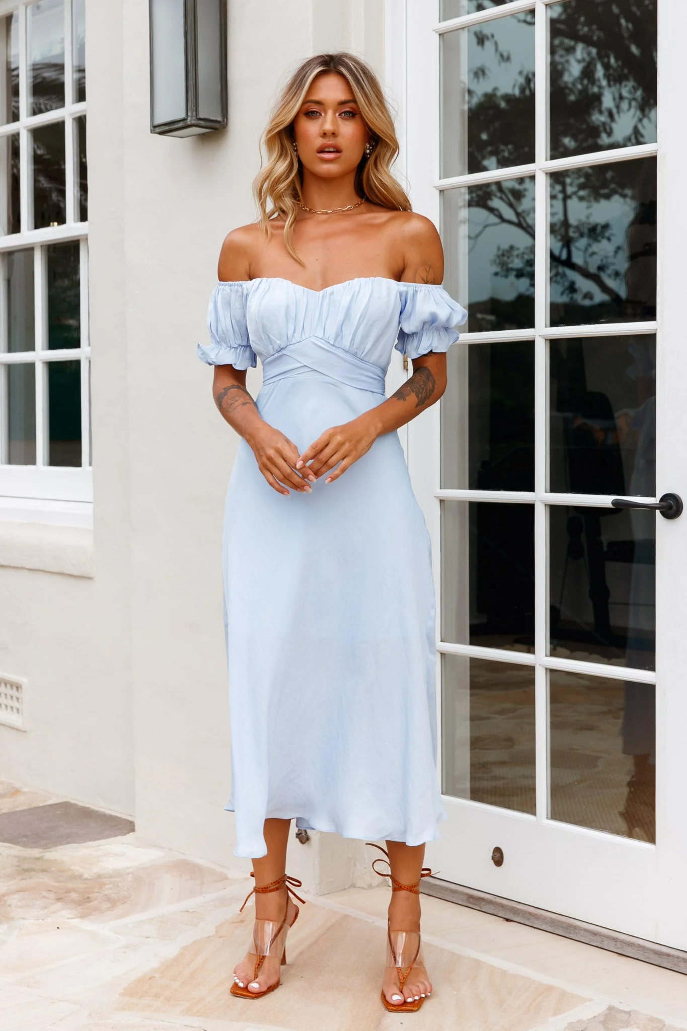 Linka Off-Shoulder Tie Back Midi Dress Steel Blue - Image 5