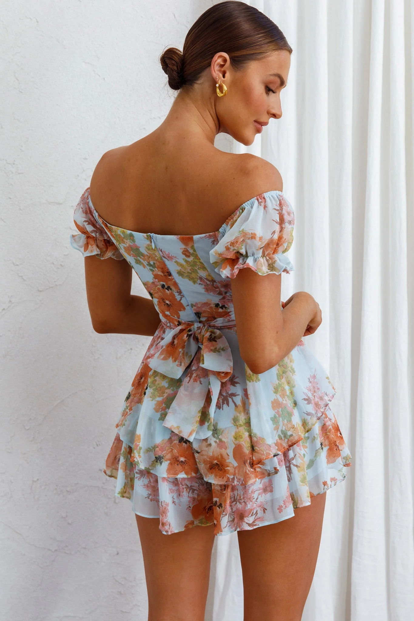 Linka Off-Shoulder Tie Back Romper Floral Blue - Image 2