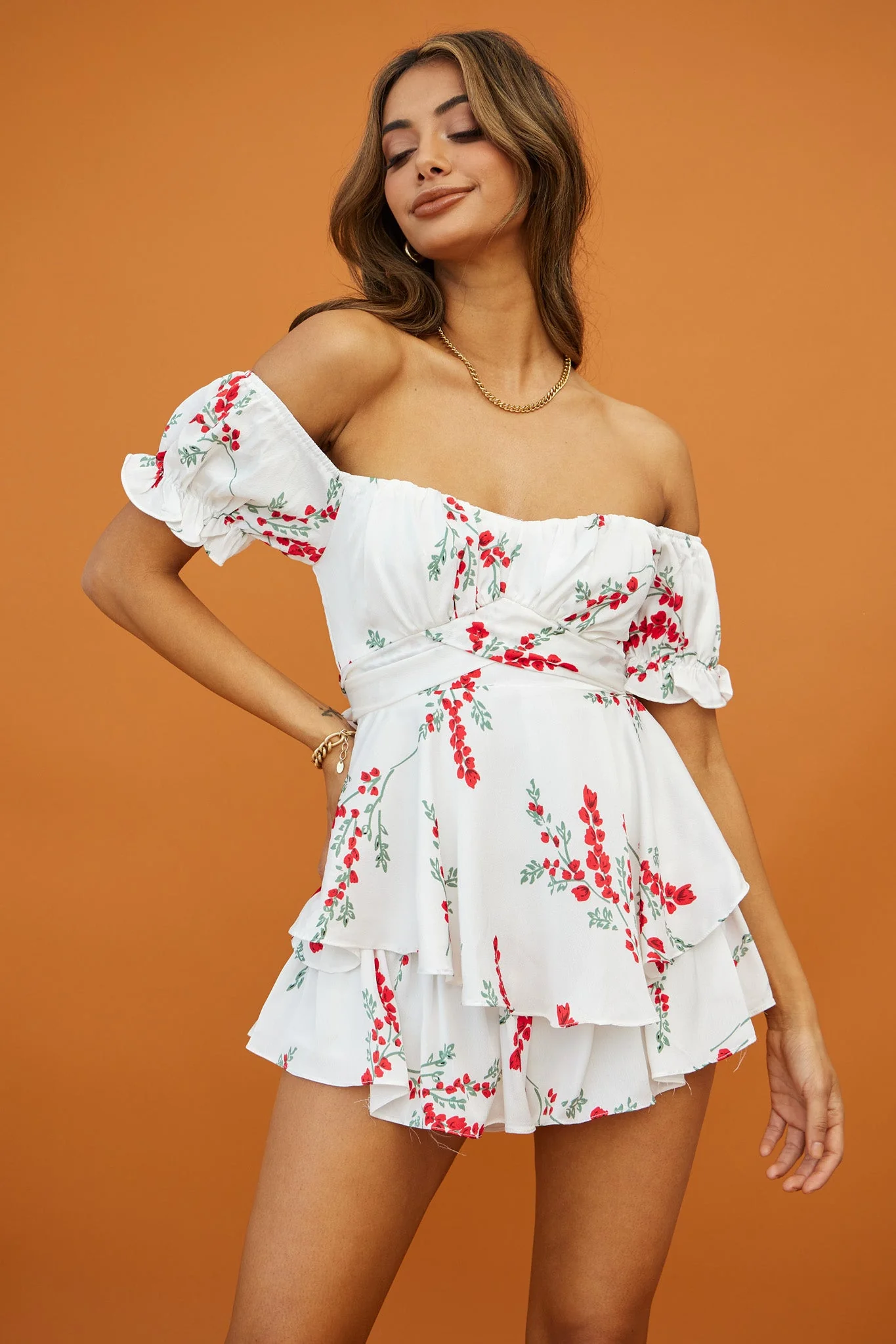 Linka Off-Shoulder Tie Back Romper Floral Spring Print White - Image 4
