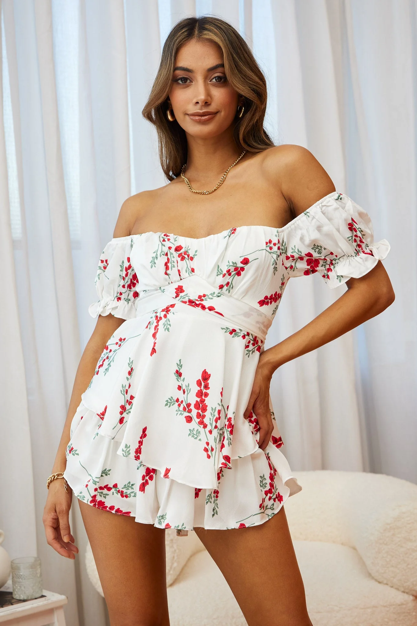 Linka Off-Shoulder Tie Back Romper Floral Spring Print White - Image 5