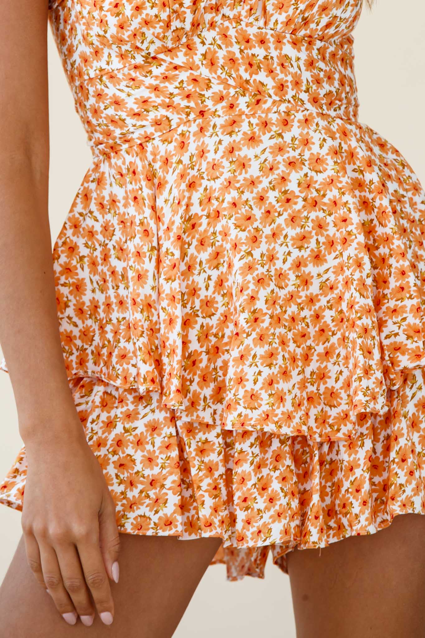 Linka Off-Shoulder Tie Back Romper Flower Print Orange - Image 4