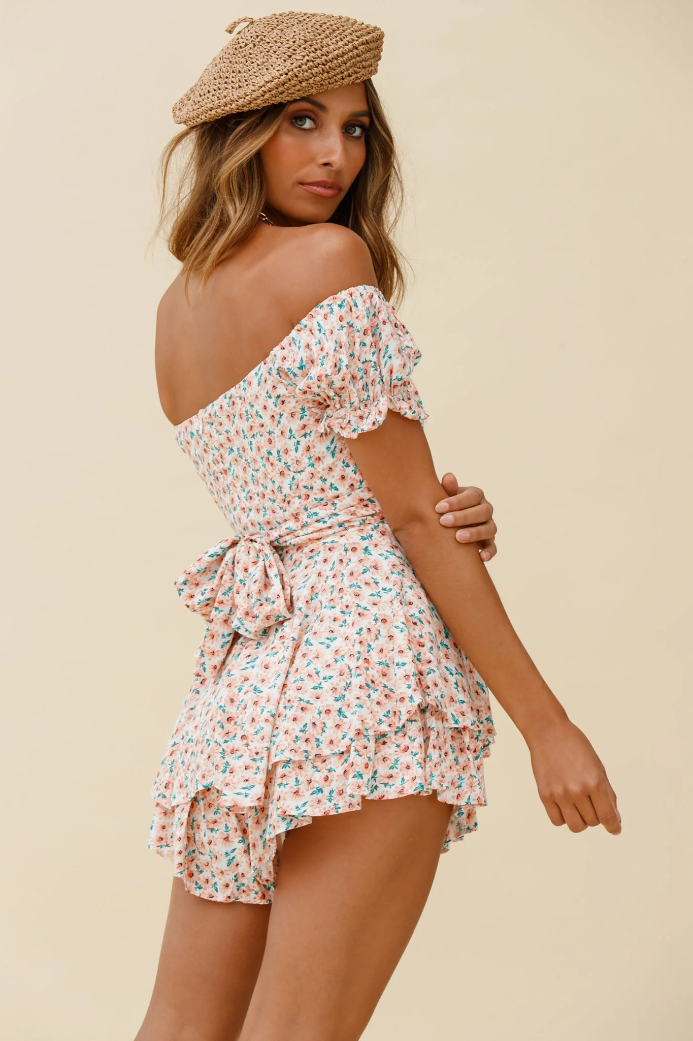 Linka Off-Shoulder Tie Back Romper Flower Print Pink - Image 3