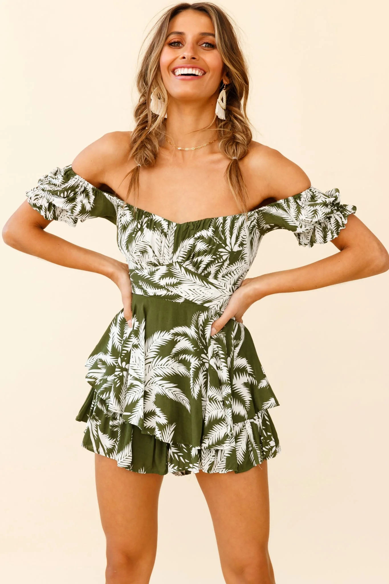 Linka Off-Shoulder Tie Back Romper Palm Print Olive - Image 6