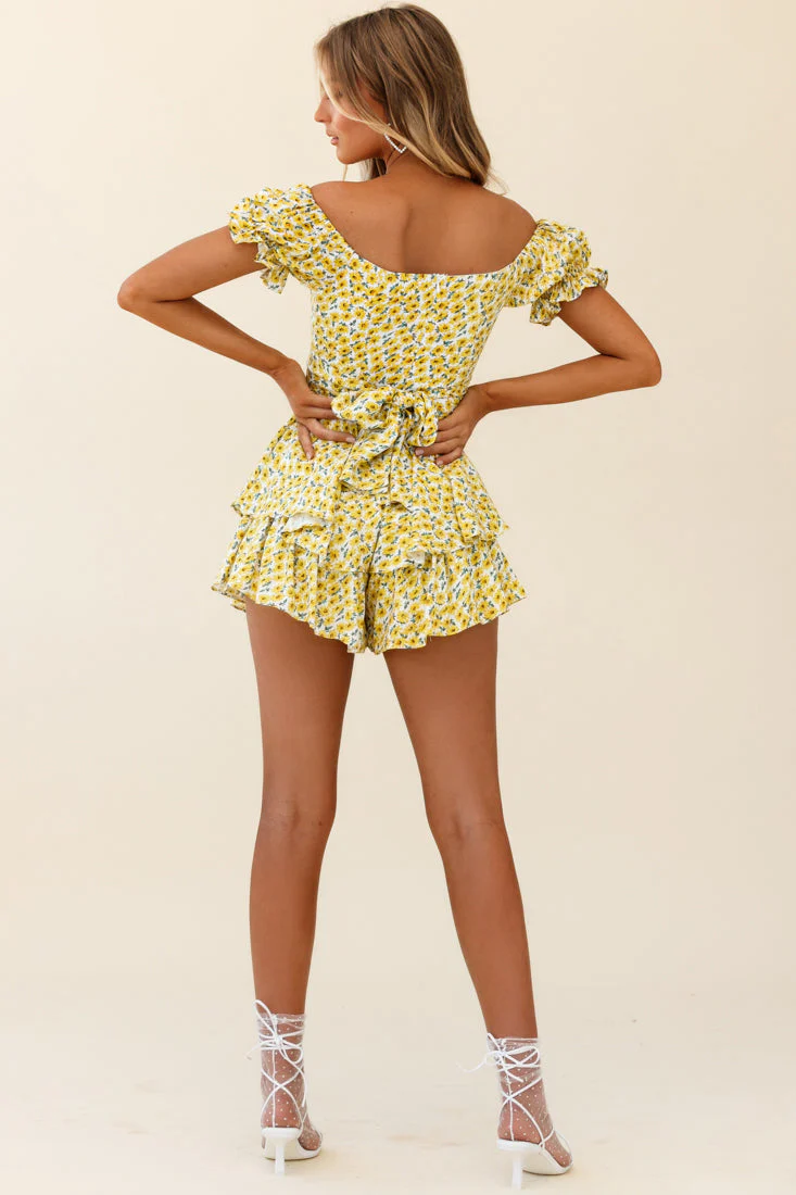 Linka Off-Shoulder Tie Back Romper Sunflower Print Yellow - Image 3