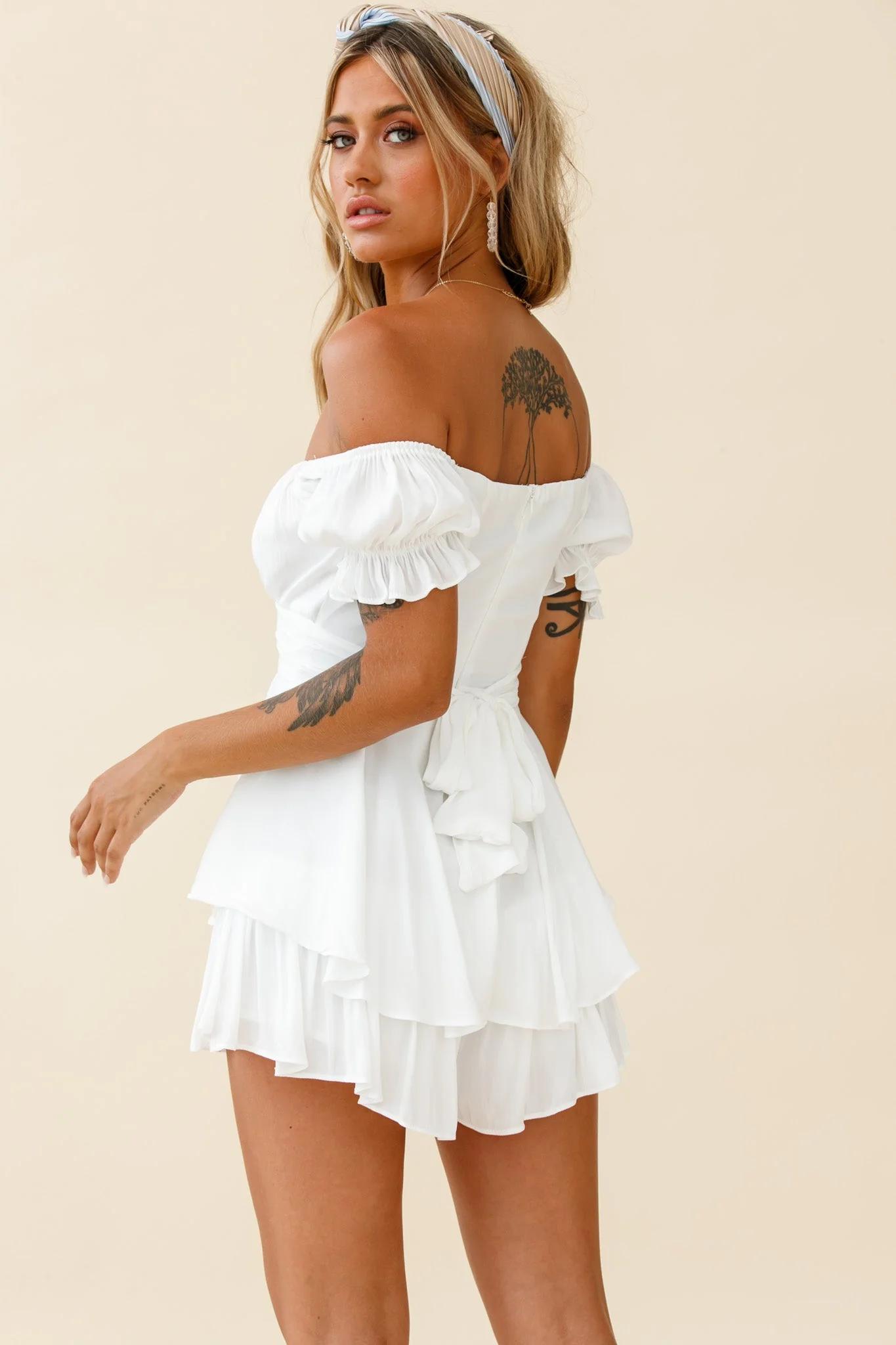 Linka Off-Shoulder Tie Back Romper White - Image 3