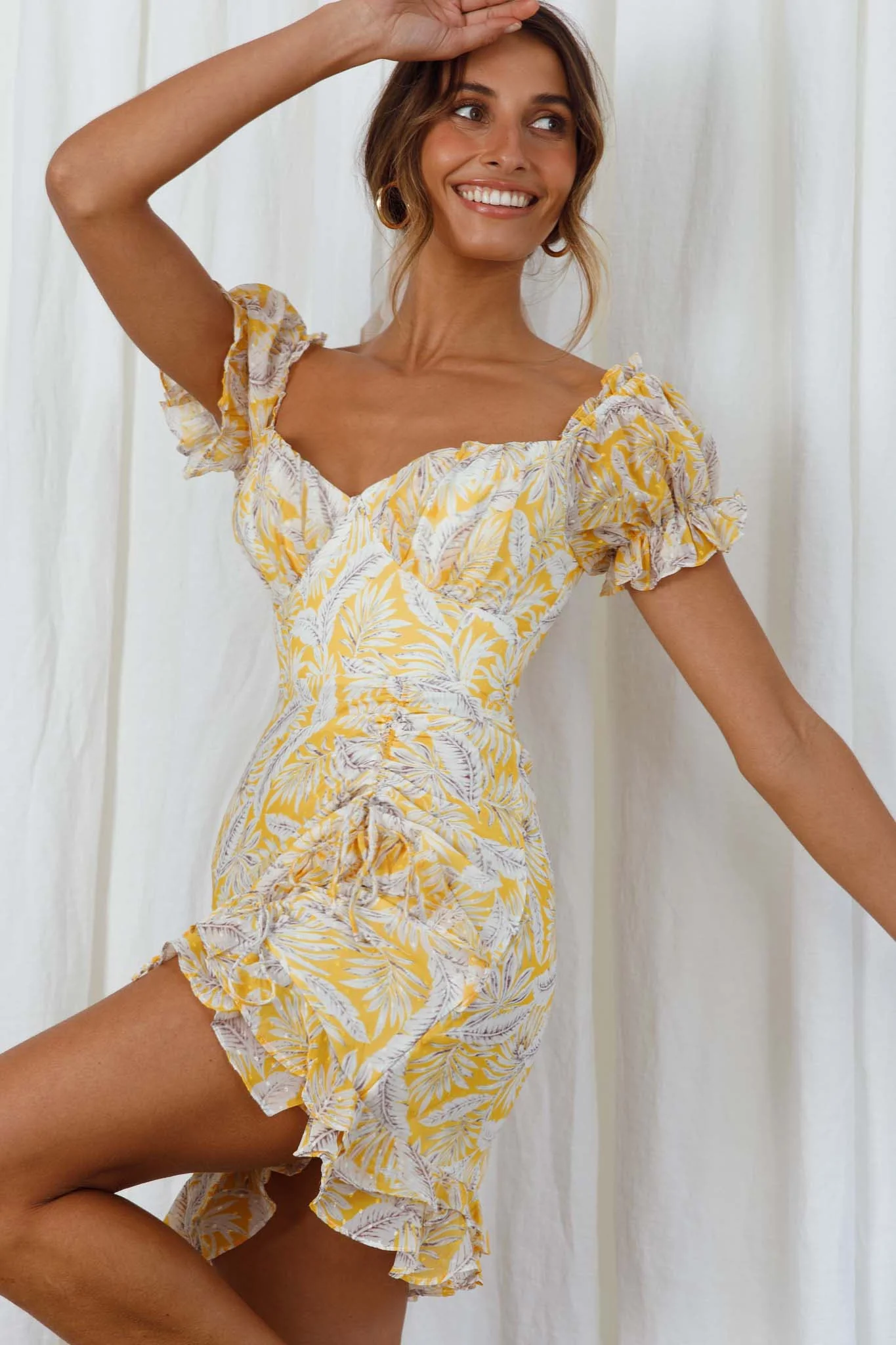 Linka Puff Sleeve Drawstring Detail Dress Palm Print Yellow - Image 6