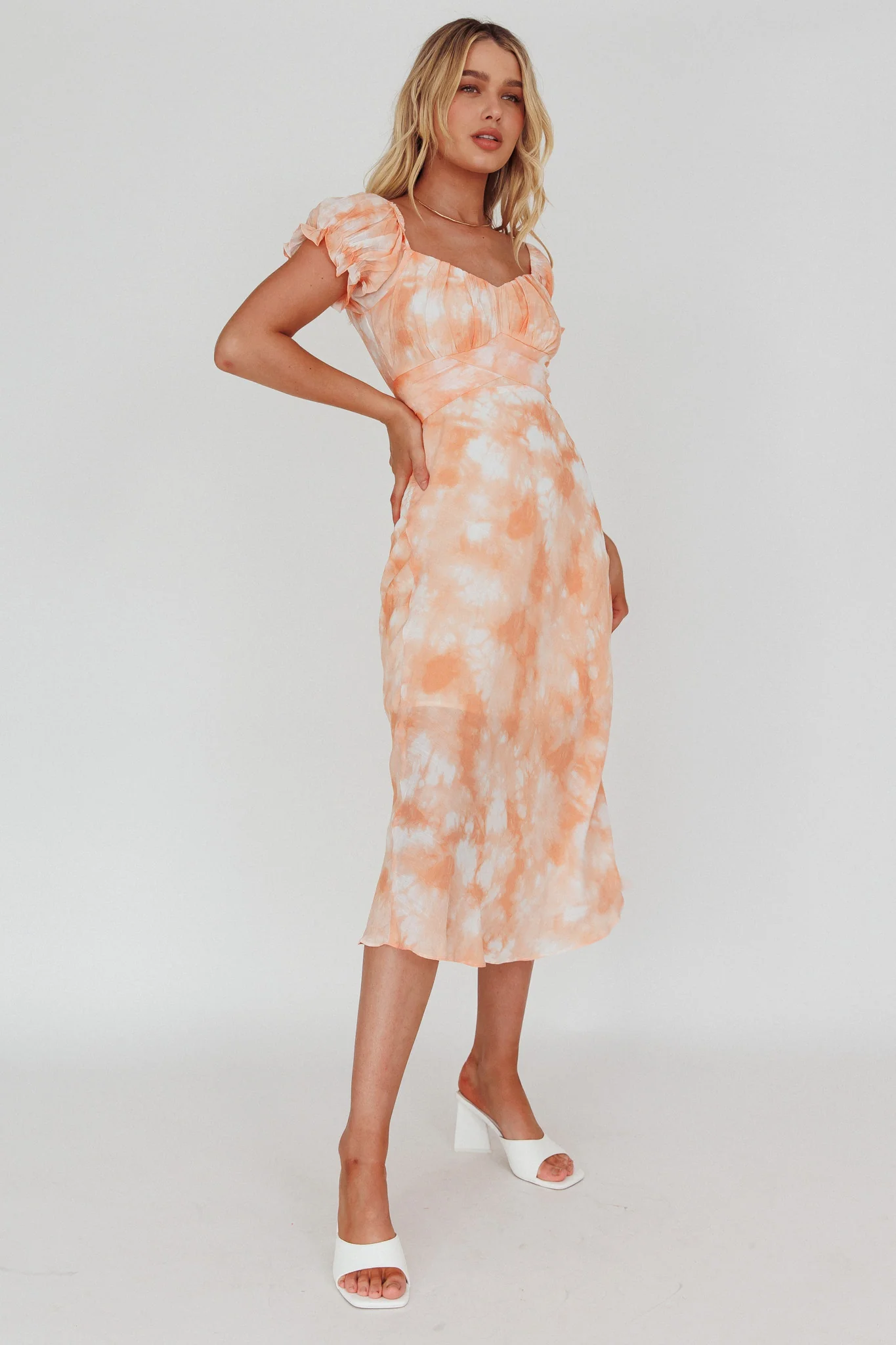 Linka Puff Sleeve Midi Dress Tie-Dye Orange - Image 3