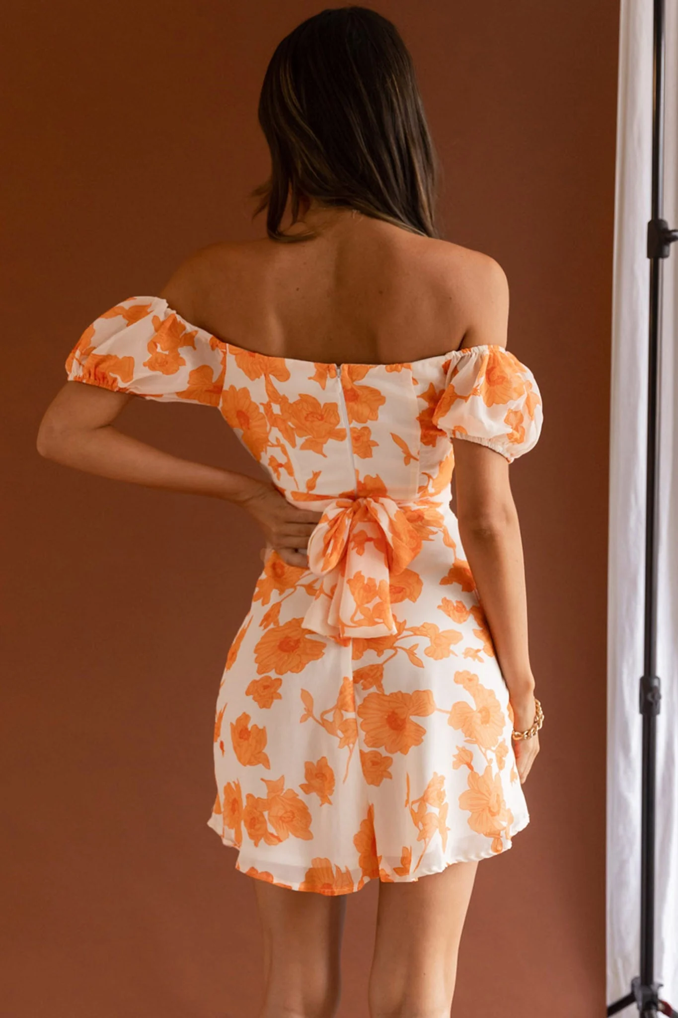 Linka Puff Sleeve Waist Tie Dress Floral Orange - Image 2