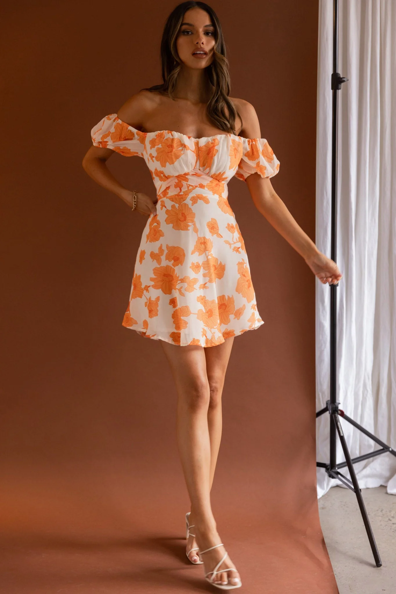 Linka Puff Sleeve Waist Tie Dress Floral Orange - Image 3
