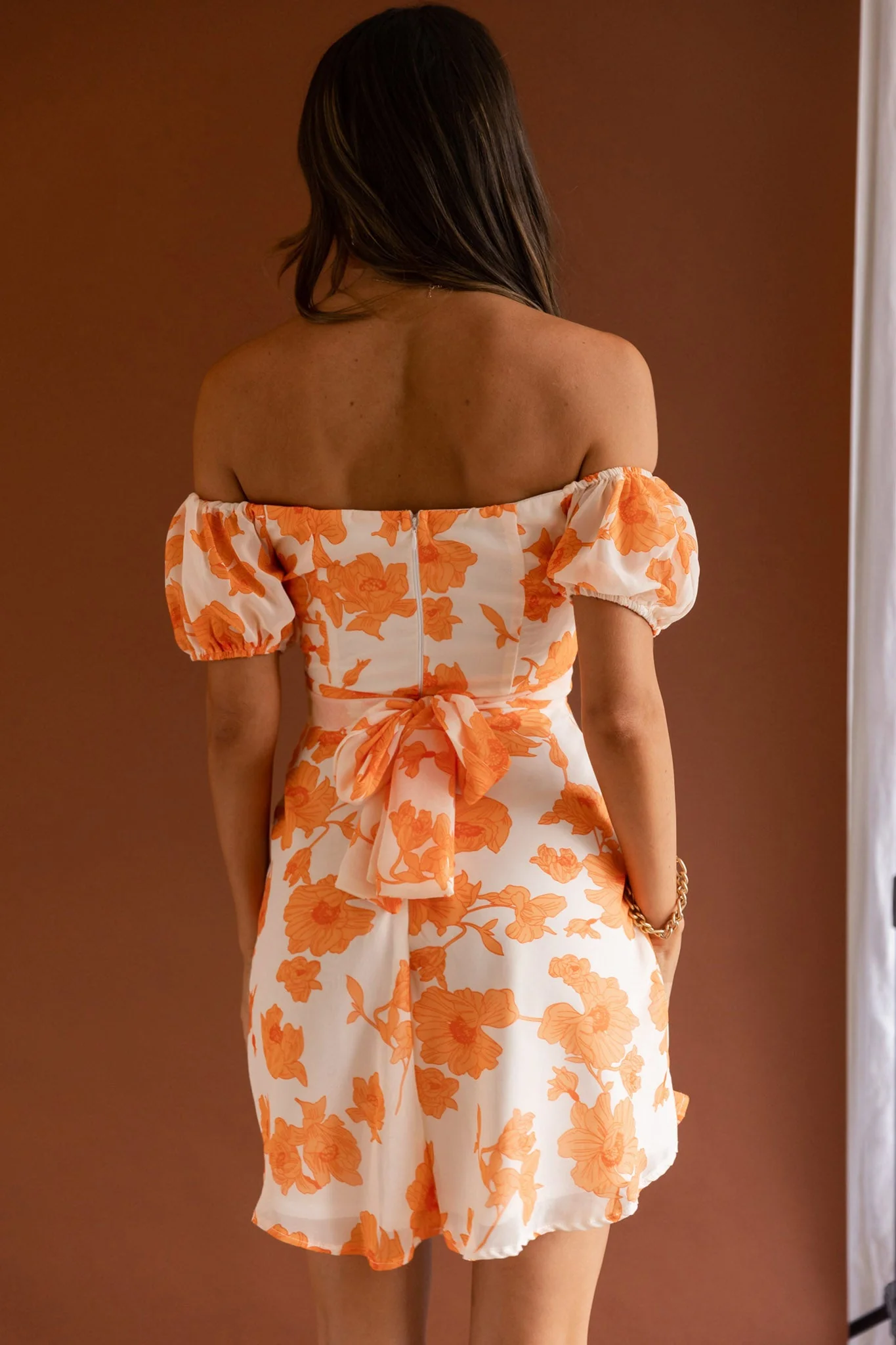 Linka Puff Sleeve Waist Tie Dress Floral Orange - Image 7