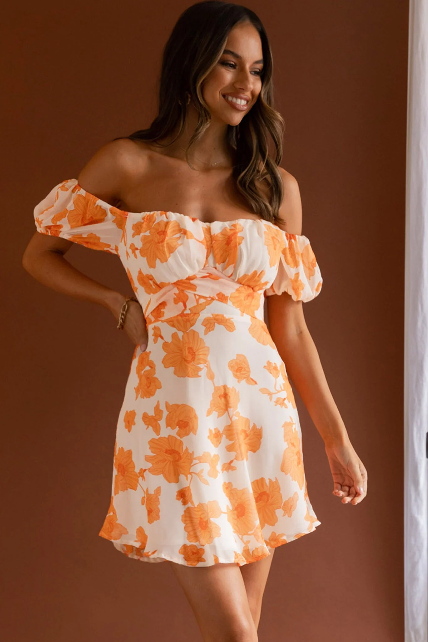 Linka Puff Sleeve Waist Tie Dress Floral Orange - Image 9