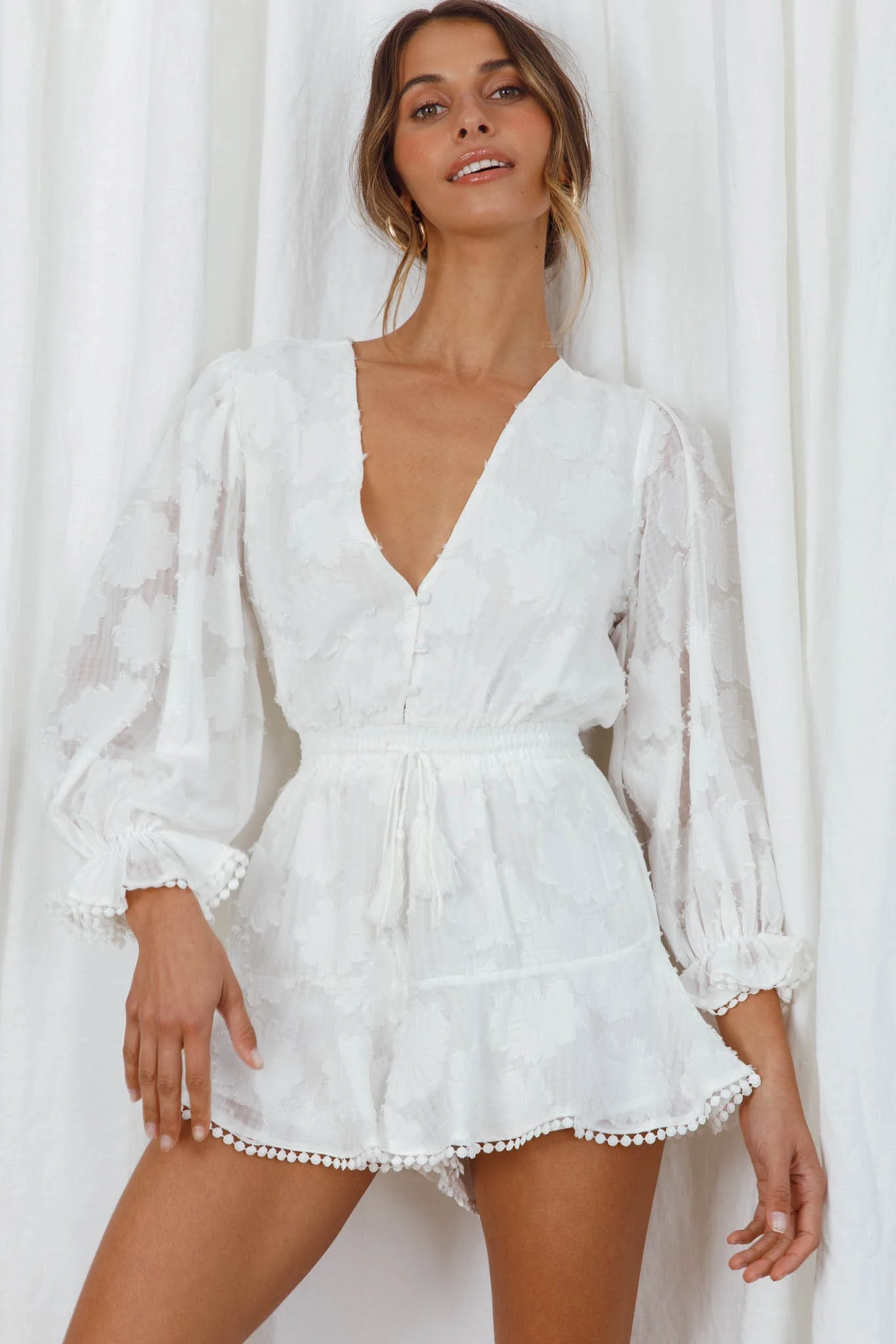 Live Free Button-Up Bodice Long Sleeve Romper White - Image 6